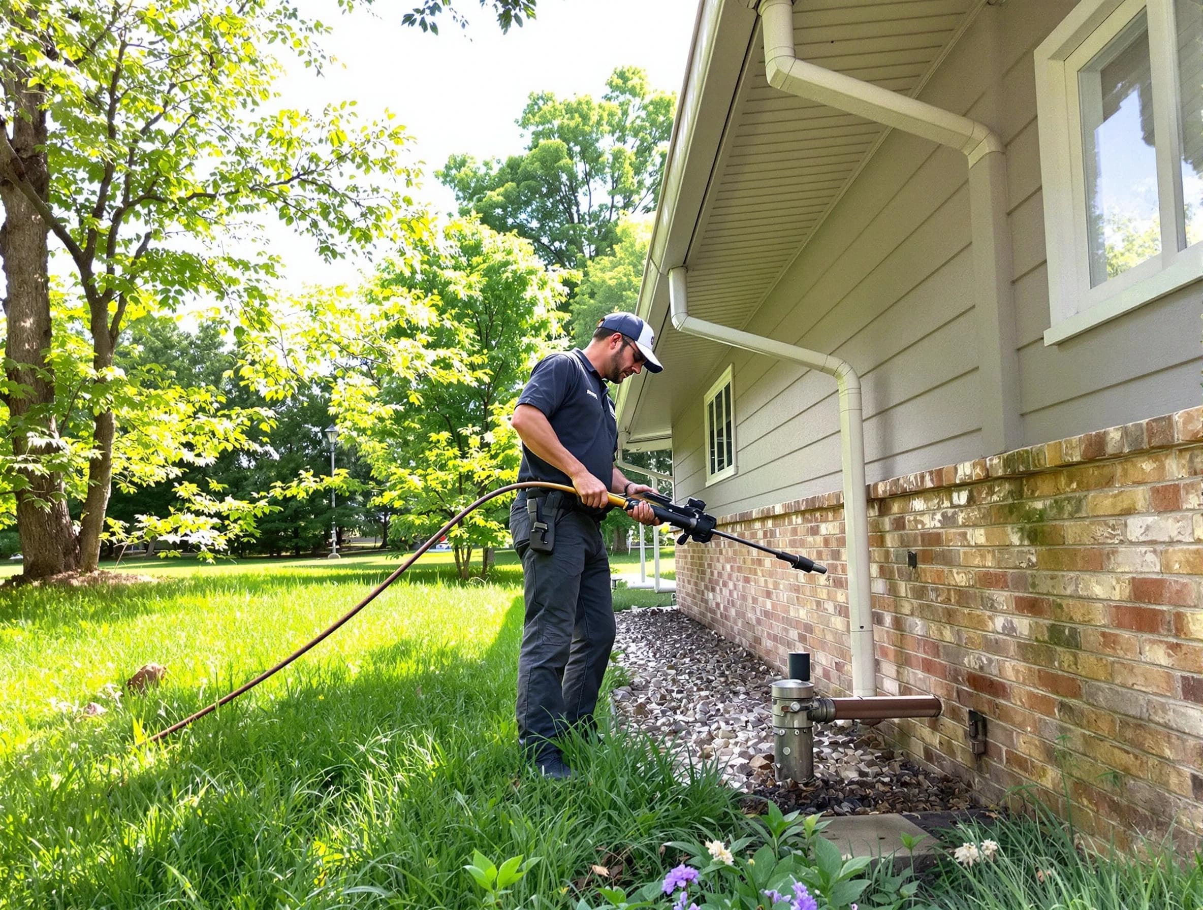 Wickliffe Roofing Company removing debris from a downspout in Wickliffe, OH