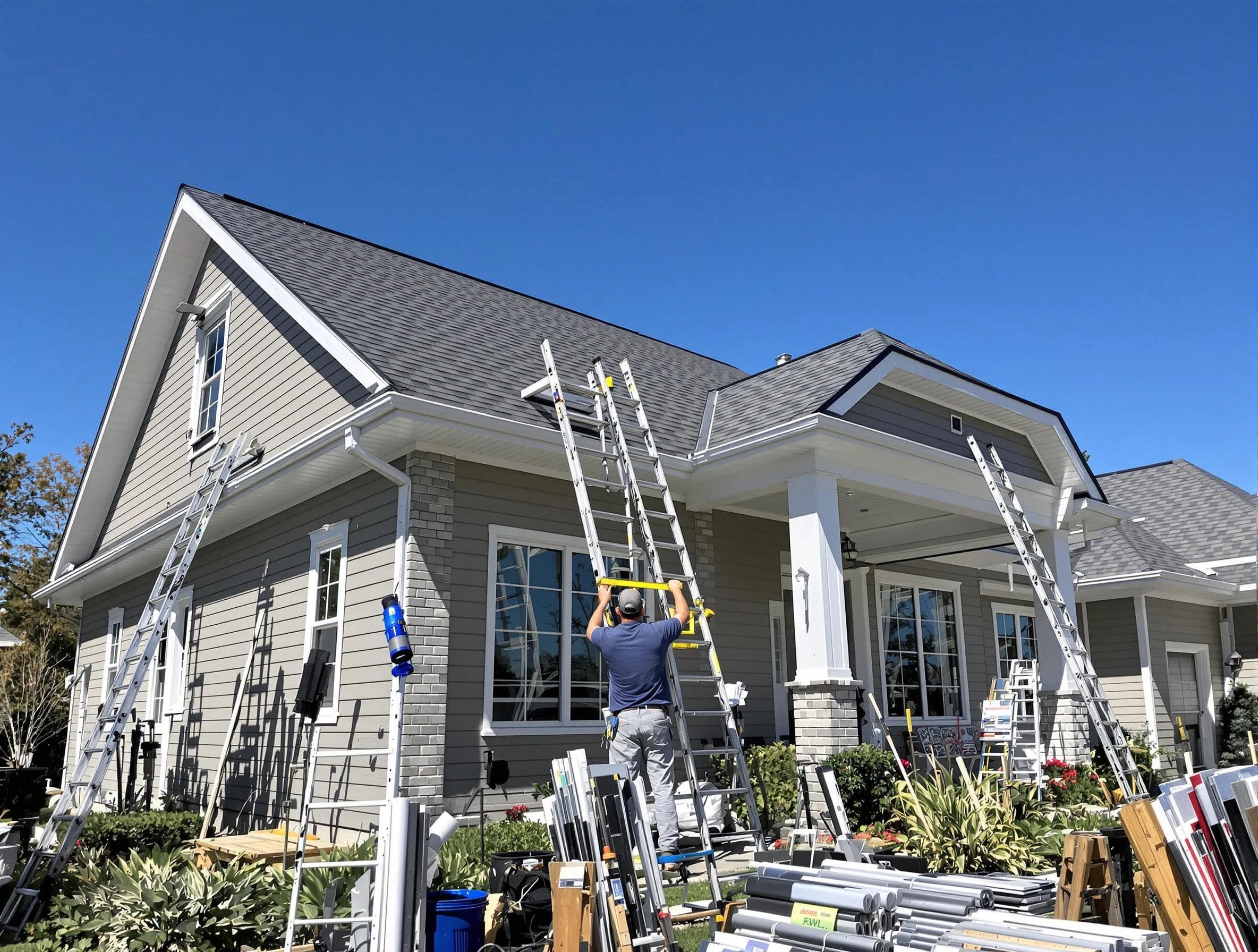 Wickliffe Roofing Company fitting rain gutters at a home in Wickliffe, OH